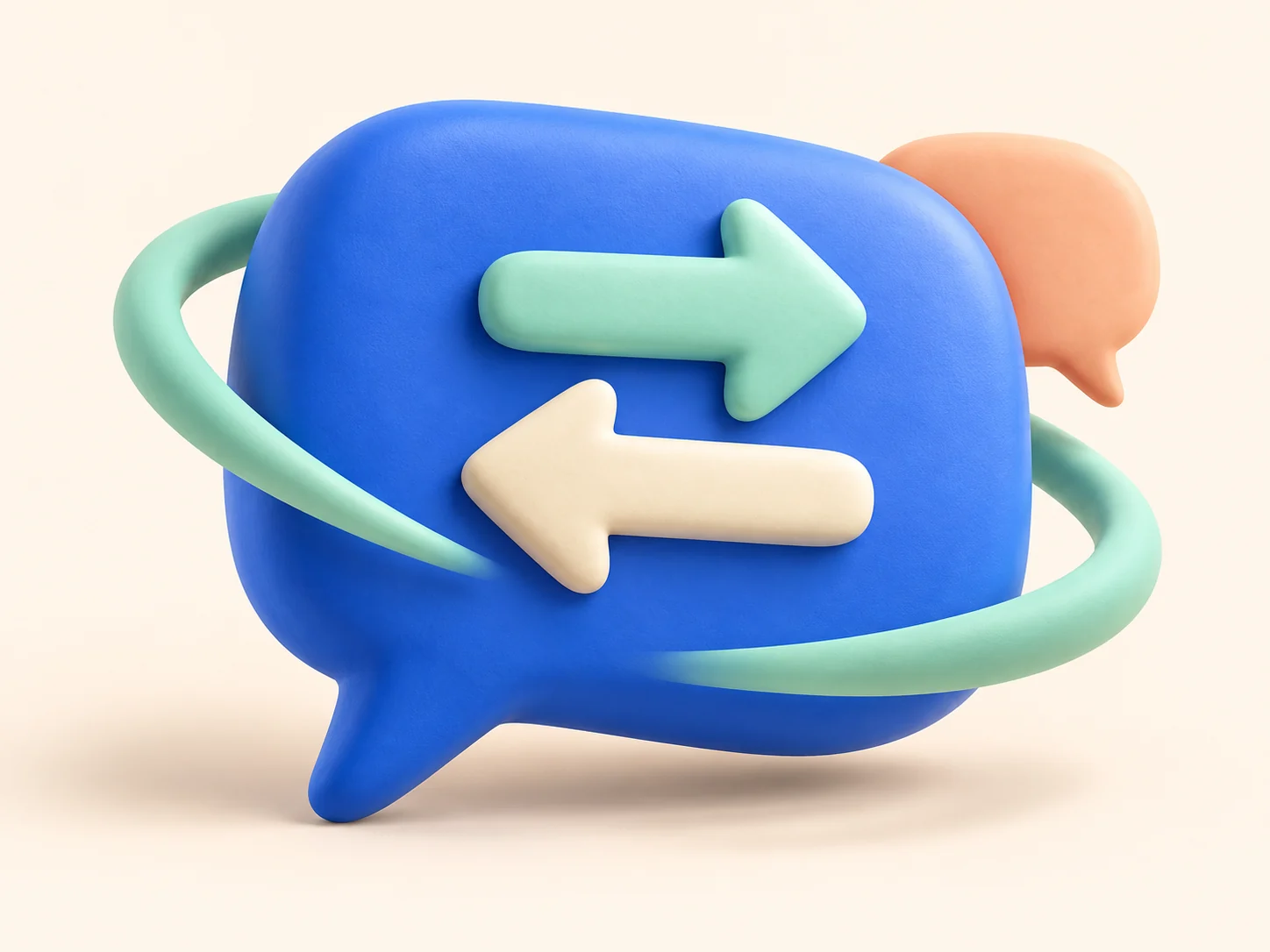 A sculpted blue chat bubble carries mint and cream swap arrows.
